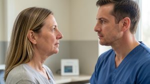 Femme adulte montrant un léger gonflement du nez trois mois après une rhinoplastie lors d’une consultation médicale.
