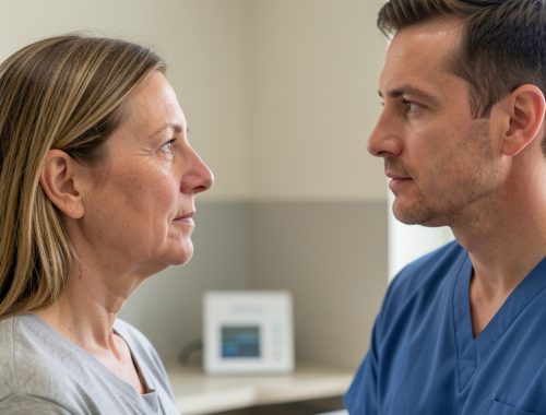 Femme adulte montrant un léger gonflement du nez trois mois après une rhinoplastie lors d’une consultation médicale.
