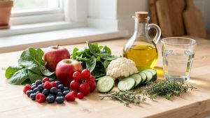 Sélection colorée d’aliments frais et d’un verre d’eau présentés comme choix équilibrés pour la santé des reins.