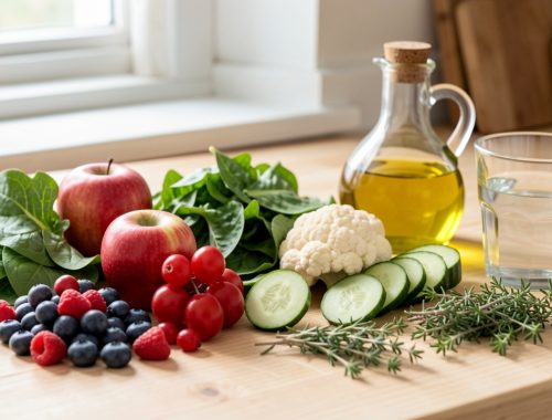 Sélection colorée d’aliments frais et d’un verre d’eau présentés comme choix équilibrés pour la santé des reins.