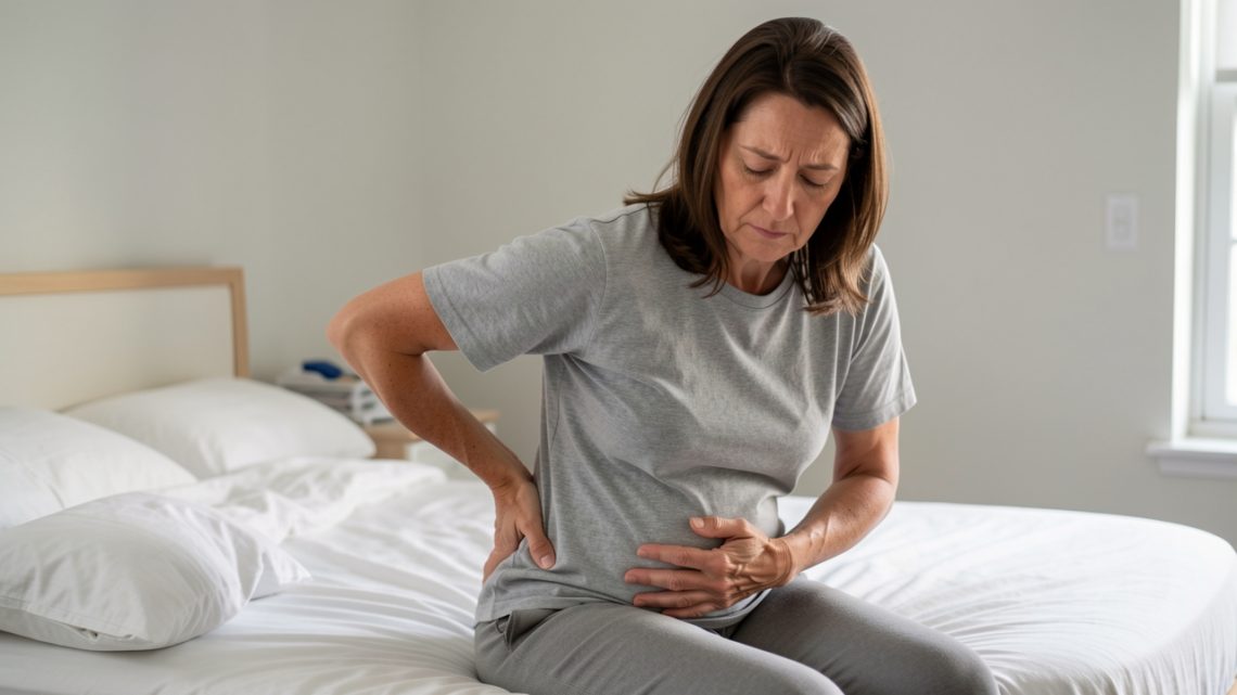 Femme adulte assise sur le bord d’un lit, une main posée dans le bas du dos et l’autre sur l’abdomen, illustrant des douleurs associées à la constipation.