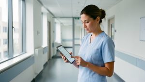 Une soignante consulte une tablette dans un couloir d’hôpital moderne éclairé par la lumière naturelle.