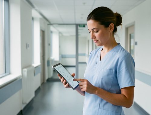 Une soignante consulte une tablette dans un couloir d’hôpital moderne éclairé par la lumière naturelle.