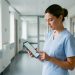 Une soignante consulte une tablette dans un couloir d’hôpital moderne éclairé par la lumière naturelle.