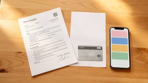 Dossier administratif de santé posé sur une table claire avec un document fiscal neutre, une carte d’assurance maladie sans marquage et un téléphone affichant une interface abstraite.
