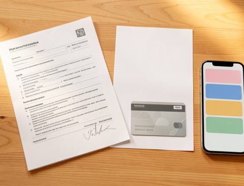 Dossier administratif de santé posé sur une table claire avec un document fiscal neutre, une carte d’assurance maladie sans marquage et un téléphone affichant une interface abstraite.