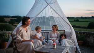 Une famille en vêtements longs clairs profite d’une terrasse dans les Pays de la Loire au crépuscule, avec une moustiquaire et un répulsif posés sur la table.