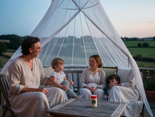 Une famille en vêtements longs clairs profite d’une terrasse dans les Pays de la Loire au crépuscule, avec une moustiquaire et un répulsif posés sur la table.