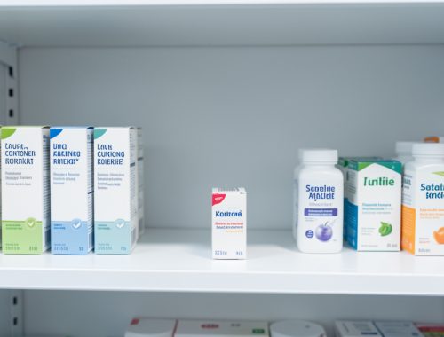 Étagère de pharmacie avec un emplacement vide et plusieurs produits de santé alternatifs non identifiés.