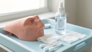 Illustration médicale montrant un modèle anatomique du nez accompagné d’attelles nasales, de compresses stériles et d’un spray physiologique après une rhinoplastie.