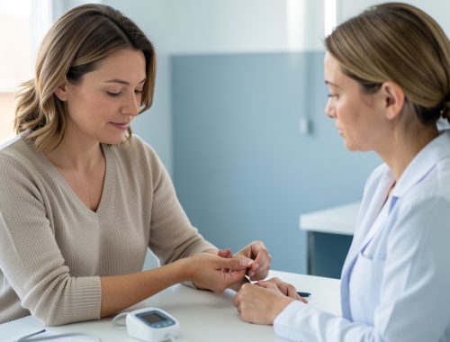 Une femme adulte mesure calmement son pouls au poignet lors d’une consultation médicale, sous le regard attentif d’une professionnelle de santé.