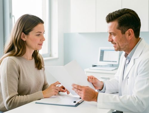 Une patiente échange avec un chirurgien esthétique dans un cabinet médical moderne avant une opération.
