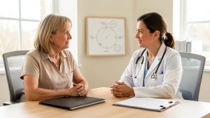 Une femme d’environ 50 ans échange calmement avec une médecin dans un cabinet lumineux, avec un dossier de santé fermé et un schéma abstrait du sommeil sur la table.