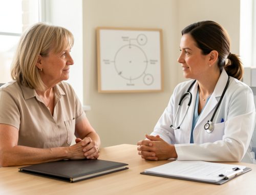 Une femme d’environ 50 ans échange calmement avec une médecin dans un cabinet lumineux, avec un dossier de santé fermé et un schéma abstrait du sommeil sur la table.