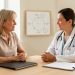 Une femme d’environ 50 ans échange calmement avec une médecin dans un cabinet lumineux, avec un dossier de santé fermé et un schéma abstrait du sommeil sur la table.