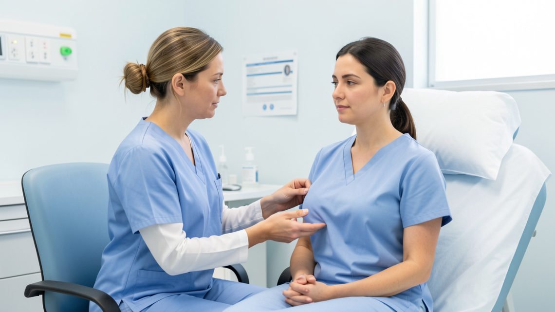 Illustration médicale sobre montrant une chirurgienne examinant avec bienveillance une femme adulte lors d’une consultation postopératoire dans un cabinet clinique rassurant.