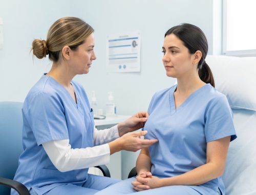 Illustration médicale sobre montrant une chirurgienne examinant avec bienveillance une femme adulte lors d’une consultation postopératoire dans un cabinet clinique rassurant.