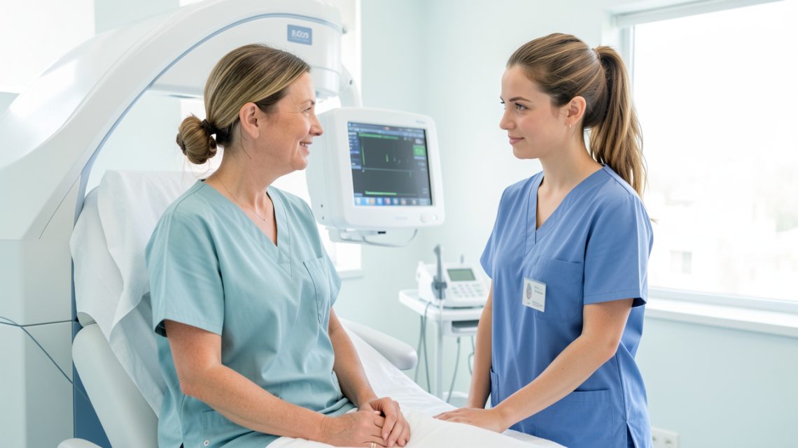 Femme adulte dans une salle de radiologie lumineuse, échangeant un regard rassurant avec une manipulatrice avant un examen de mammographie.