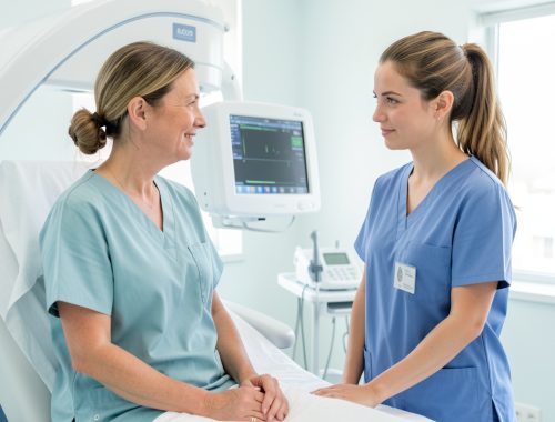 Femme adulte dans une salle de radiologie lumineuse, échangeant un regard rassurant avec une manipulatrice avant un examen de mammographie.