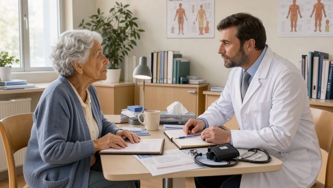 Une femme âgée échange calmement avec un médecin généraliste dans un cabinet lumineux lors d’un test de mémoire.