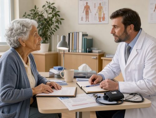 Une femme âgée échange calmement avec un médecin généraliste dans un cabinet lumineux lors d’un test de mémoire.