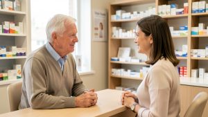 Un homme senior de plus de 65 ans échange calmement avec une pharmacienne au sujet des vaccins contre la grippe et la Covid-19 dans une pharmacie lumineuse et rassurante.