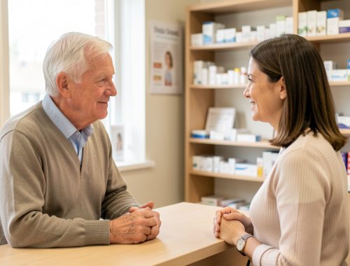 Un homme senior de plus de 65 ans échange calmement avec une pharmacienne au sujet des vaccins contre la grippe et la Covid-19 dans une pharmacie lumineuse et rassurante.
